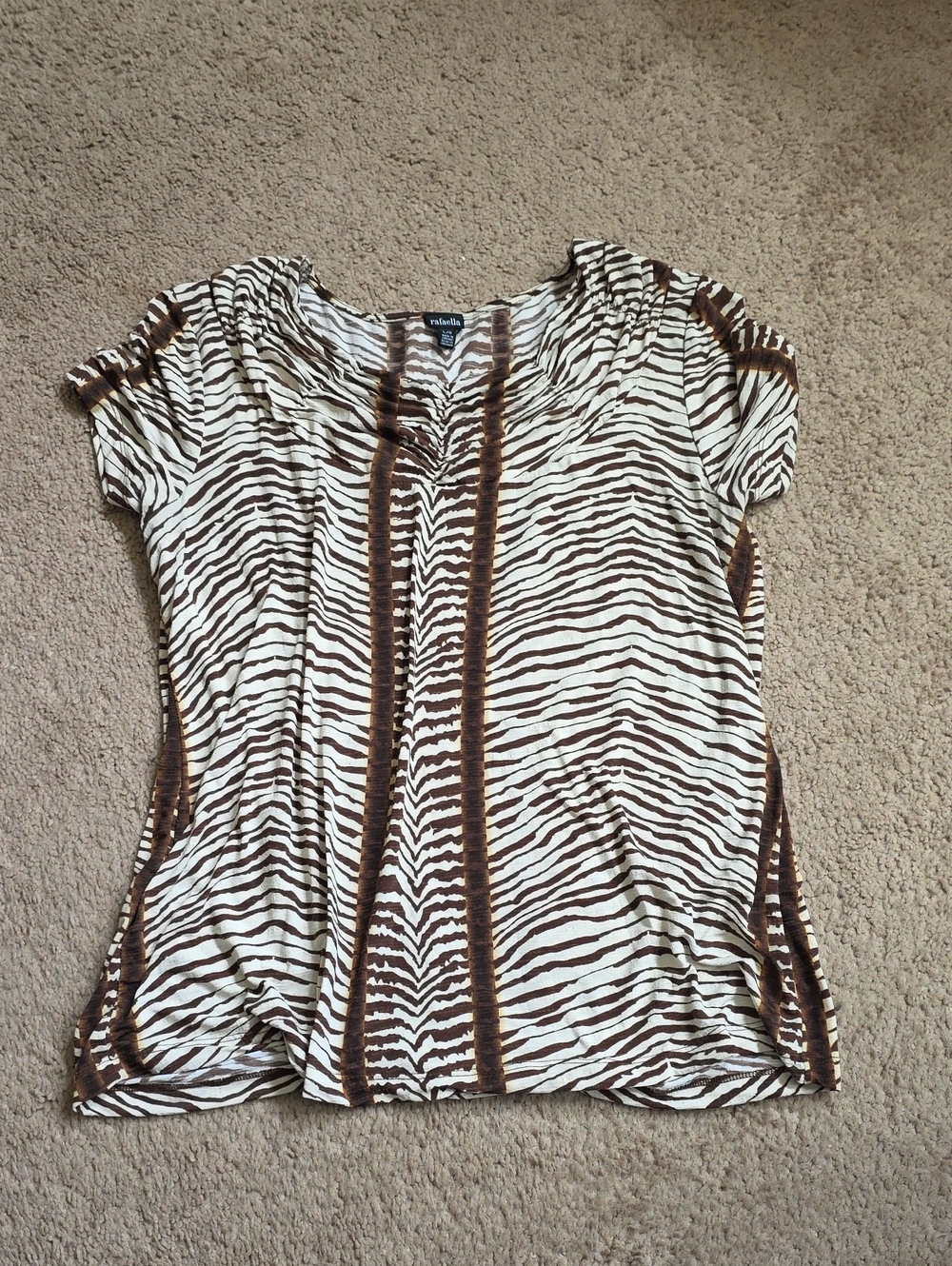 Rafaella Brown and Cream Zebra-Stripe Short Sleeve Blouse